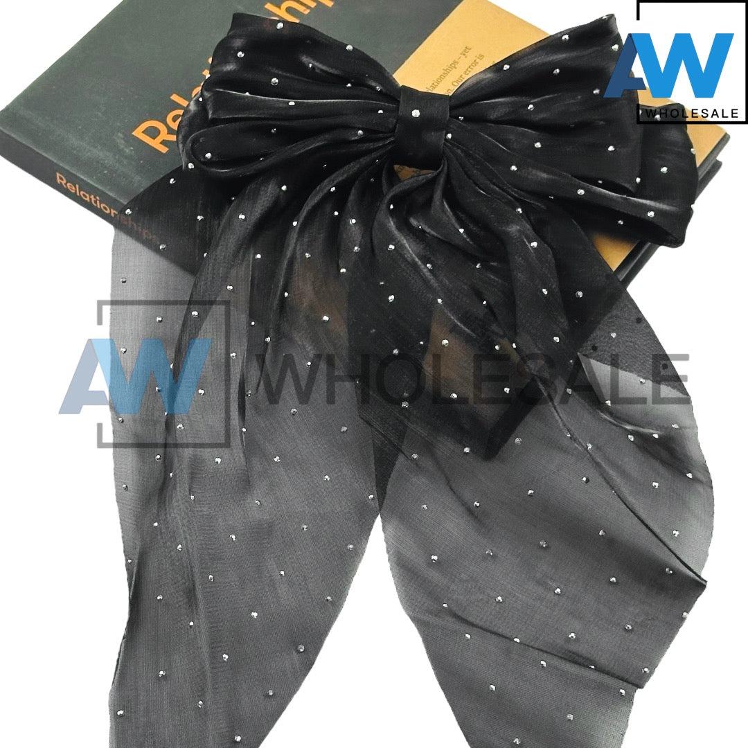 HPN-2116 (12 pcs) Sheer Fabric Ribbon Tail Barette Hair Clips