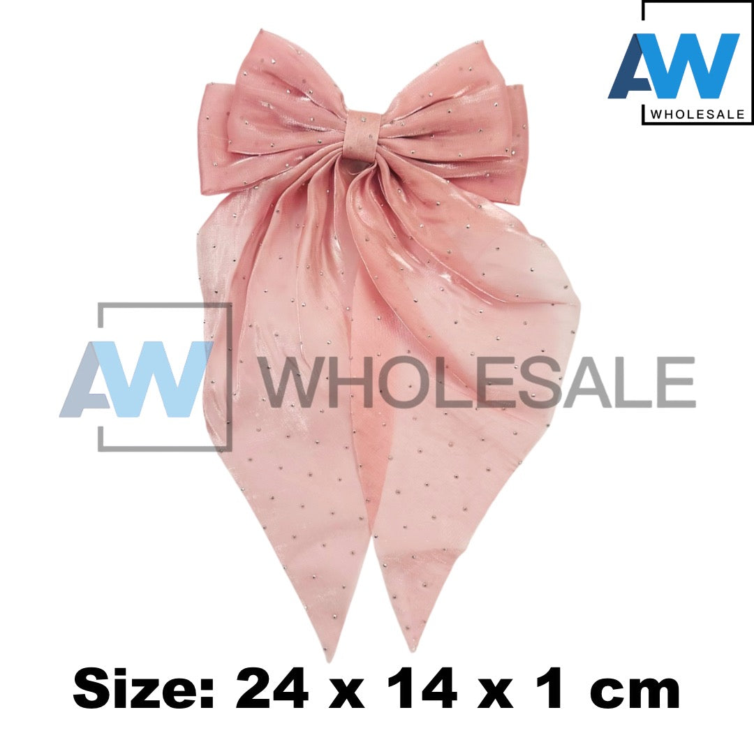 HPN-2116 (12 pcs) Sheer Fabric Ribbon Tail Barette Hair Clips