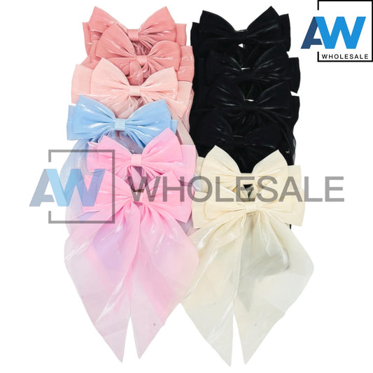 HPN-2117 (12 pcs) Sheer Fabric Ribbon Tail Barette Hair Clips