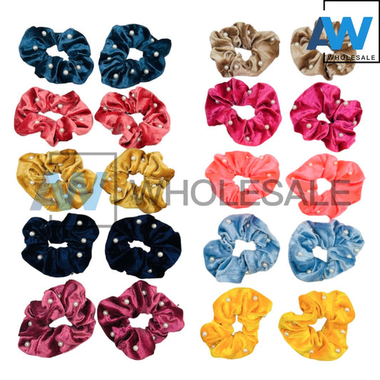 HPN-2118 (10 pcs) Velvet Pearl Scrunchies Hair Ties