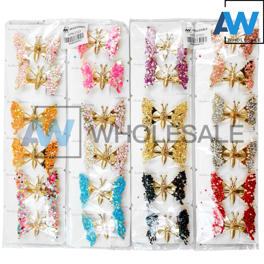 HPN-2123 (12 pcs) Glitter Spring Butterfly Hair Clips