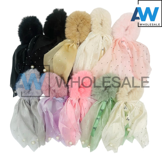 HPN-2202 (10 pcs) Pearl Faux Fur Ribbon Hair Ties