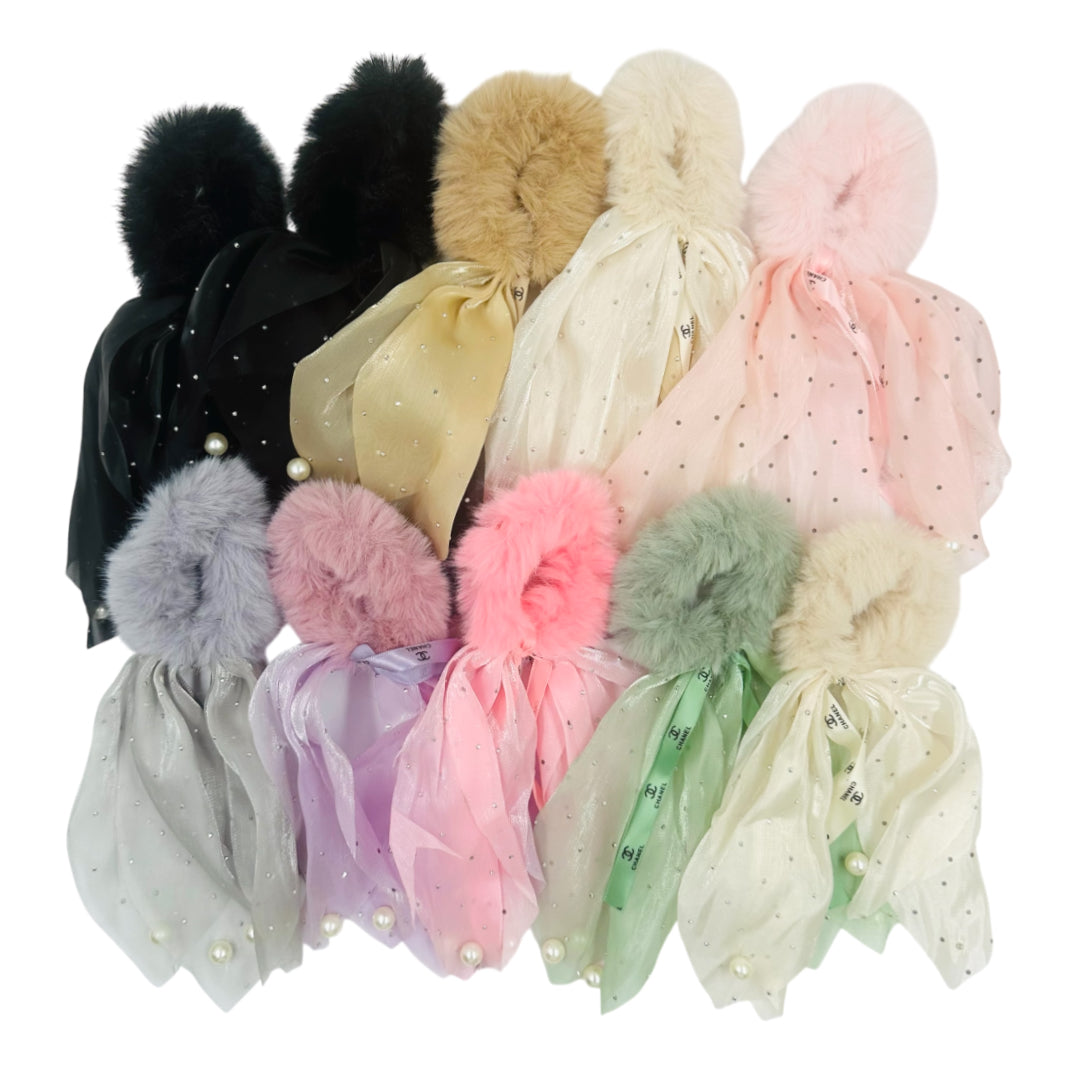 HPN-2202 (10 pcs) Pearl Faux Fur Ribbon Hair Ties