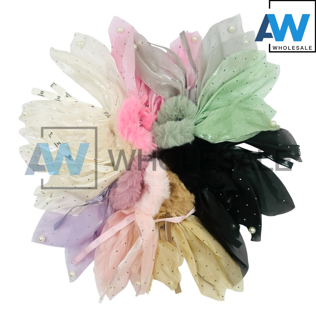 HPN-2202 (10 pcs) Pearl Faux Fur Ribbon Hair Ties