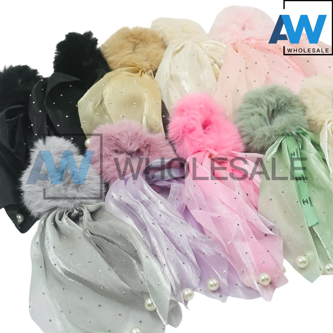 HPN-2202 (10 pcs) Pearl Faux Fur Ribbon Hair Ties