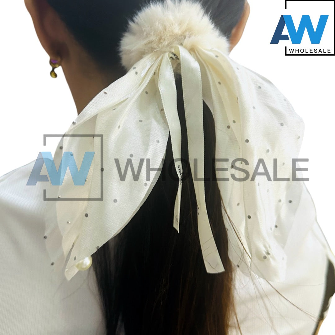 HPN-2202 (10 pcs) Pearl Faux Fur Ribbon Hair Ties