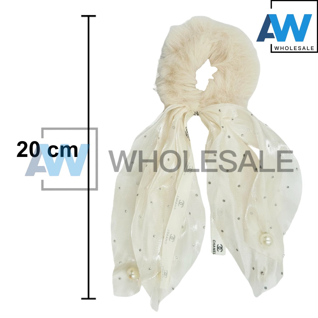 HPN-2202 (10 pcs) Pearl Faux Fur Ribbon Hair Ties