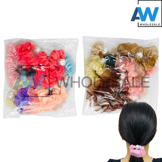 HPN-2277 (10 pcs) Pearl Mesh Fabric Hair Ties