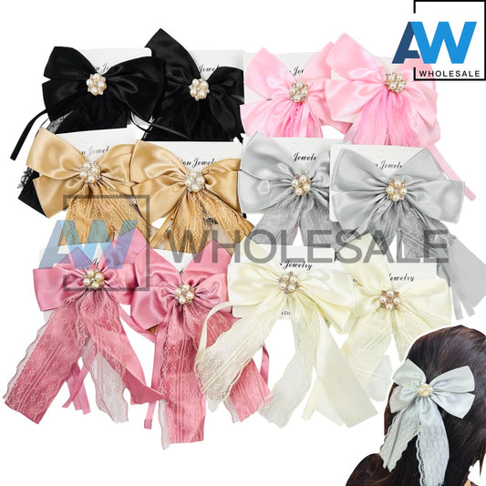 HPN-2345 (12 pcs) Pearl Lace Ribbon Hair Clip