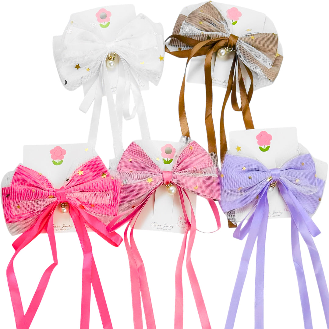 HPN-2382 (12 pcs) Pearl Mesh Ribbon Hair Clip