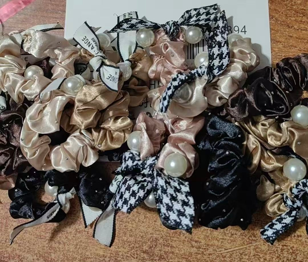 HPN-2394 (10 pcs) Pearl Ribbon Scrunchies Hair Ties