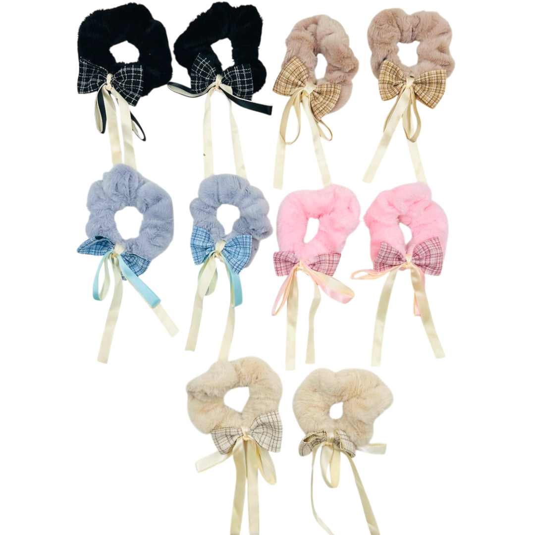 HPN-2429 (10 pcs) Ribbon Faux Fur Scrunchies Hair Ties