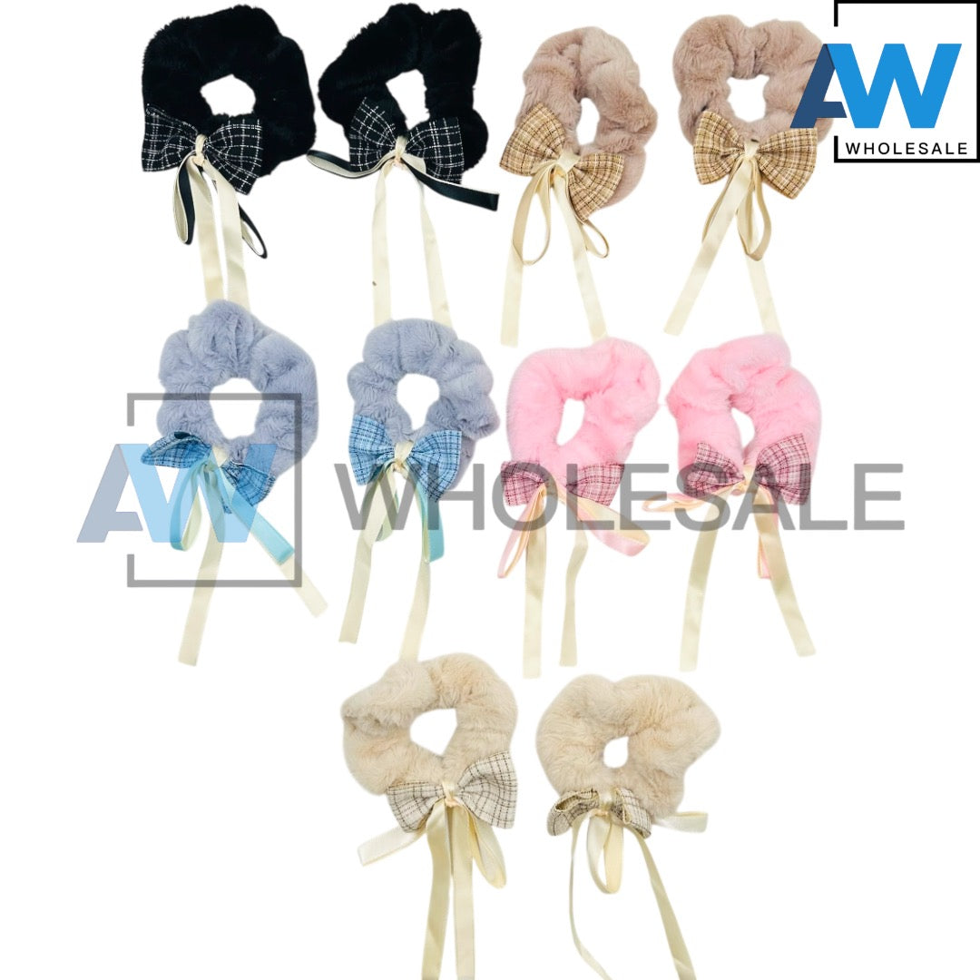 HPN-2429 (10 pcs) Ribbon Faux Fur Scrunchies Hair Ties