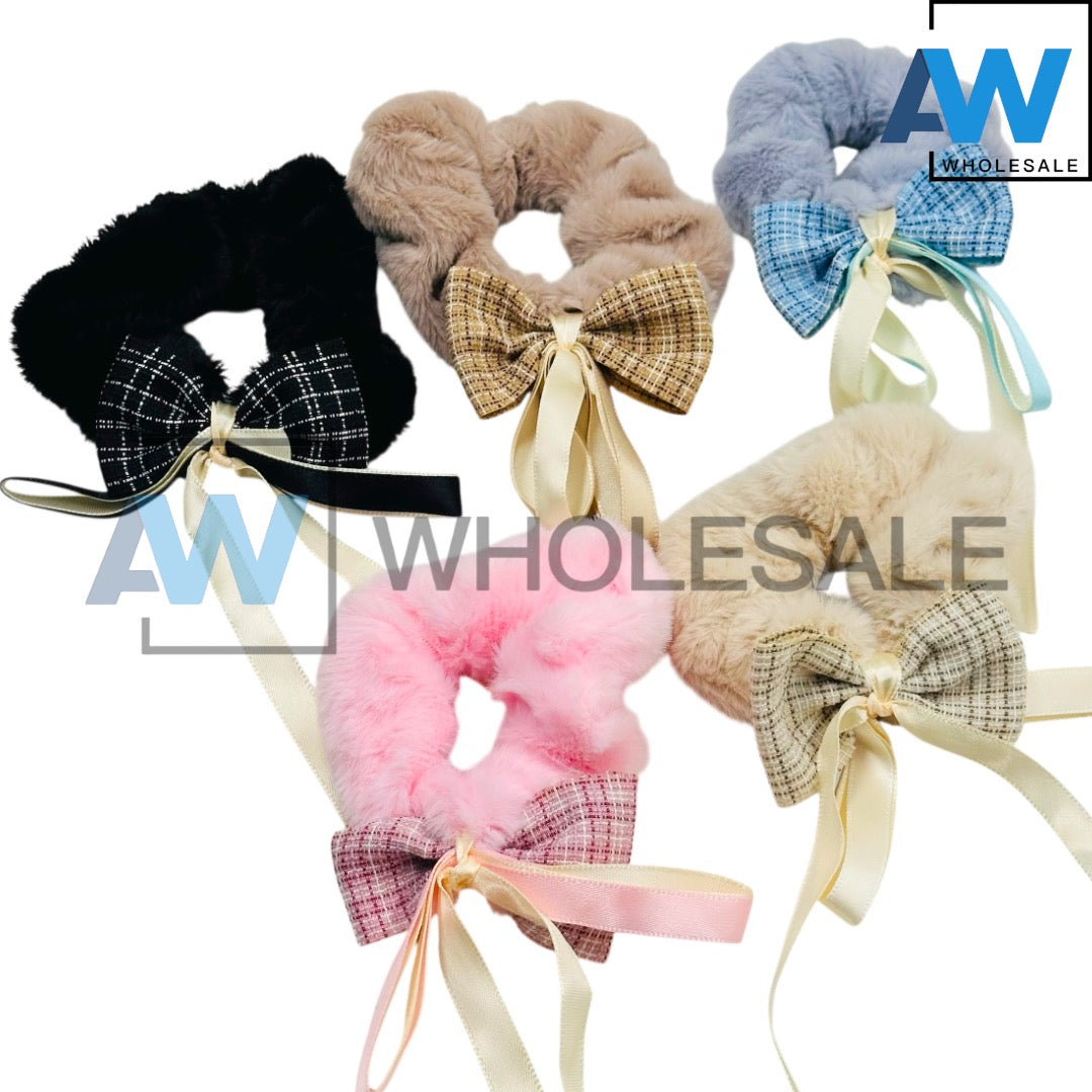 HPN-2429 (10 pcs) Ribbon Faux Fur Scrunchies Hair Ties