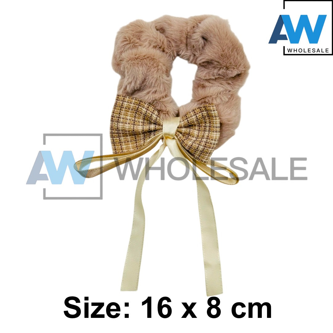 HPN-2429 (10 pcs) Ribbon Faux Fur Scrunchies Hair Ties