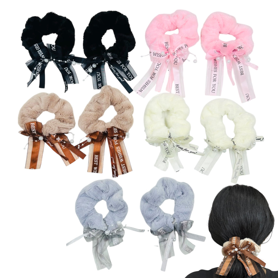 HPN-2430 (10 pcs) Ribbon Faux Fur Scrunchies Hair Ties