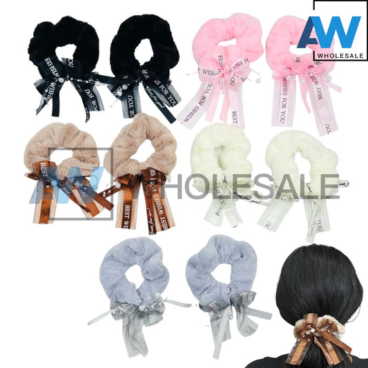 HPN-2430 (10 pcs) Ribbon Faux Fur Scrunchies Hair Ties