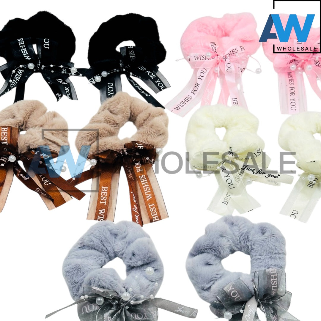 HPN-2430 (10 pcs) Ribbon Faux Fur Scrunchies Hair Ties