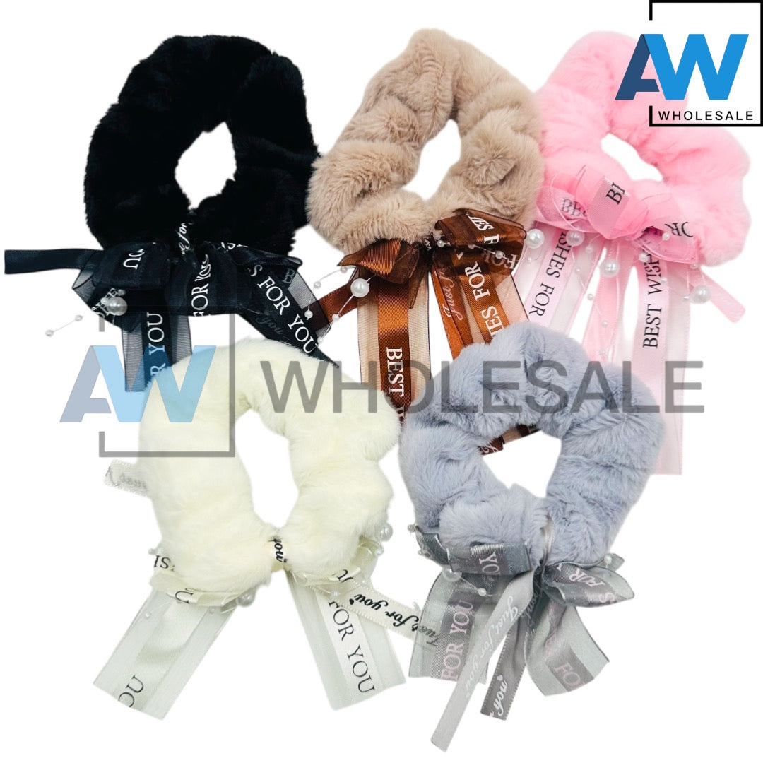 HPN-2430 (10 pcs) Ribbon Faux Fur Scrunchies Hair Ties