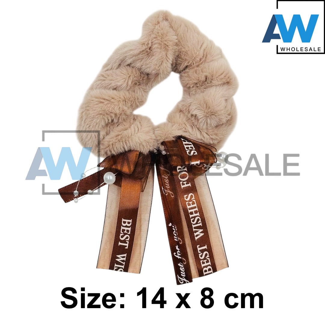 HPN-2430 (10 pcs) Ribbon Faux Fur Scrunchies Hair Ties