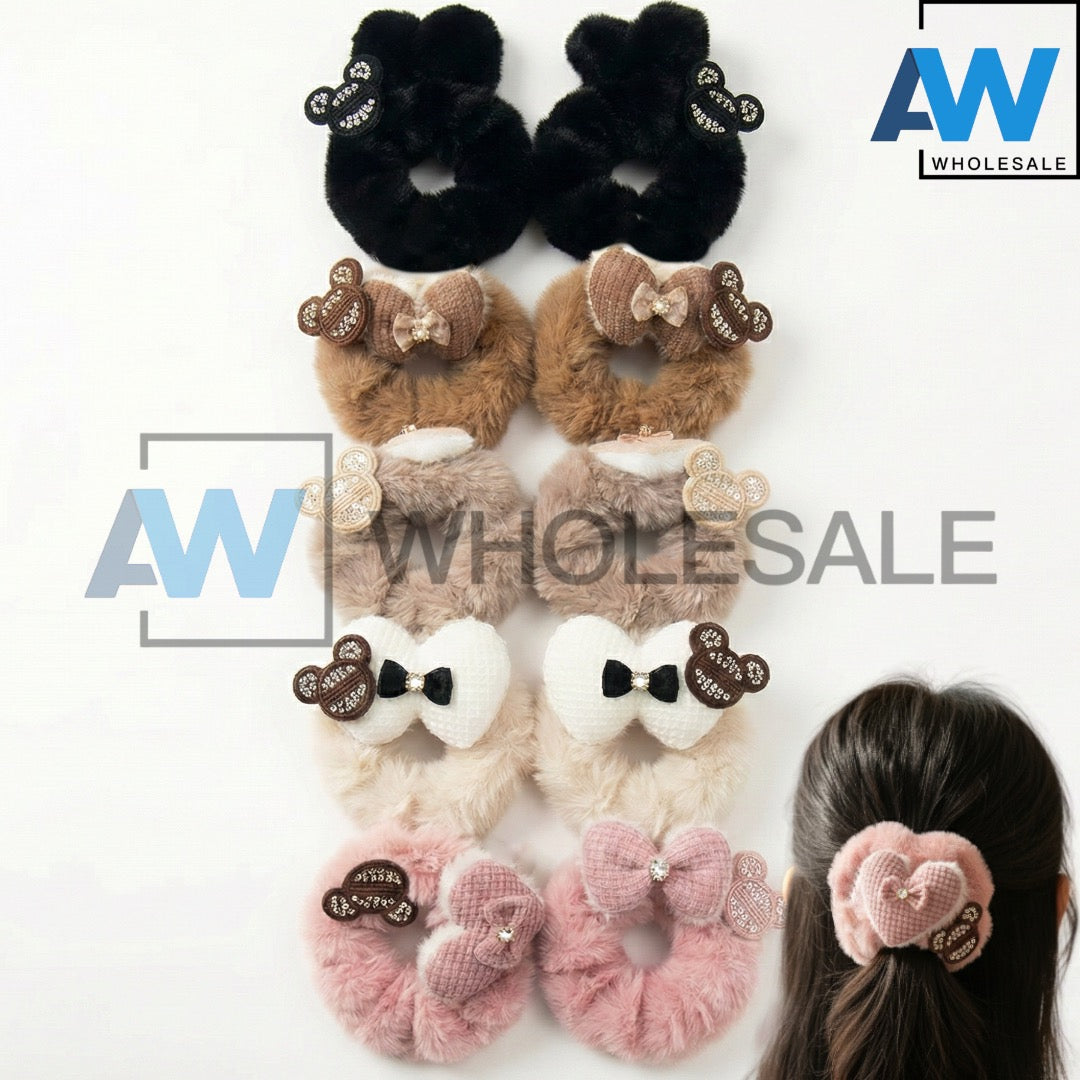 HPN-2431 (10 pcs) Ribbon Faux Fur Scrunchies Hair Ties