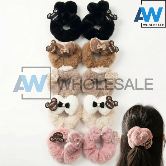 HPN-2431 (10 pcs) Ribbon Faux Fur Scrunchies Hair Ties