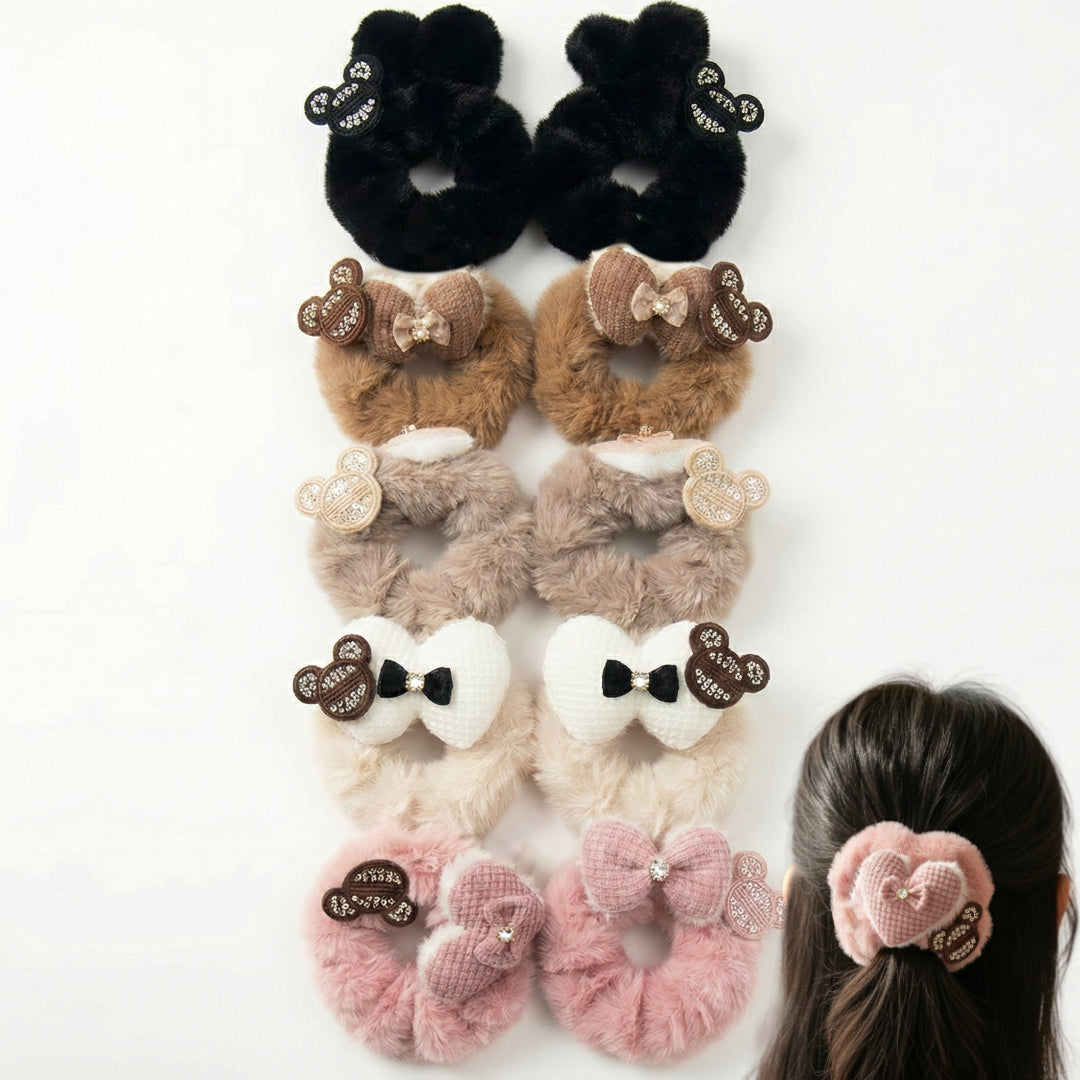 HPN-2431 (10 pcs) Ribbon Faux Fur Scrunchies Hair Ties