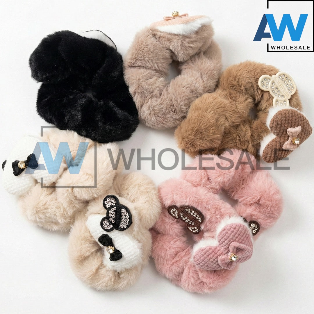 HPN-2431 (10 pcs) Ribbon Faux Fur Scrunchies Hair Ties