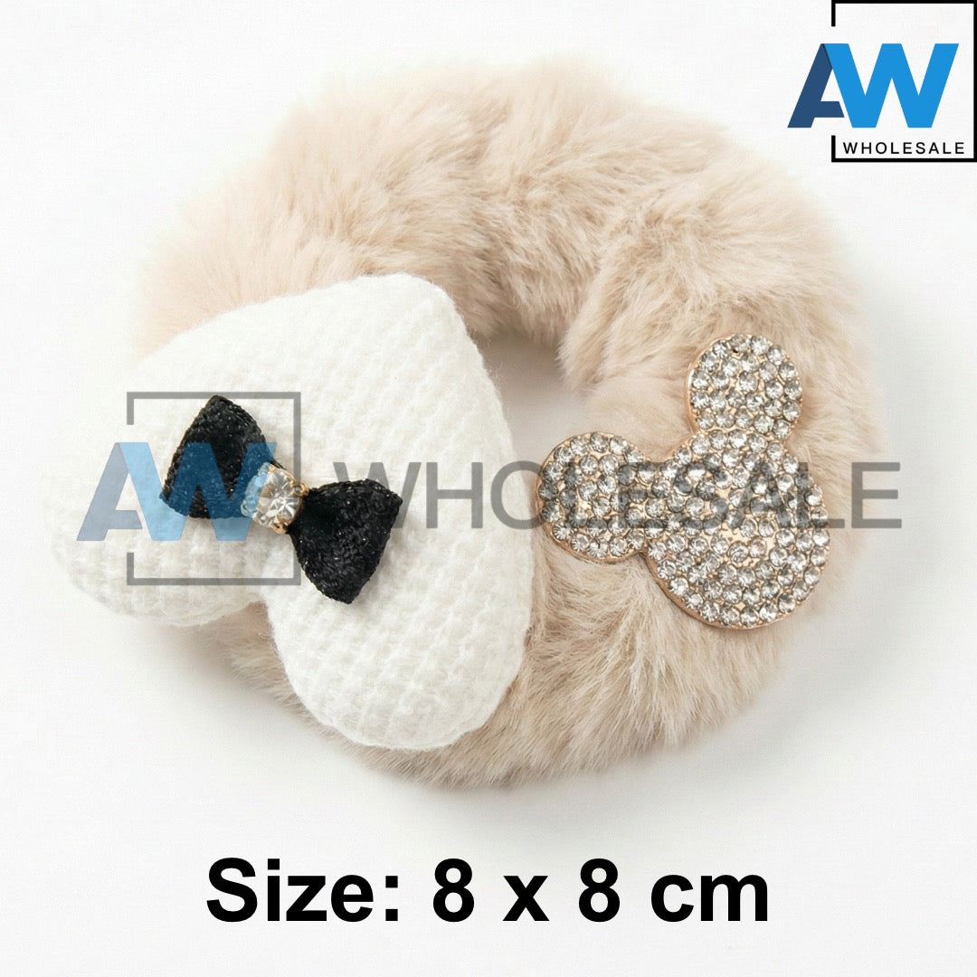 HPN-2431 (10 pcs) Ribbon Faux Fur Scrunchies Hair Ties