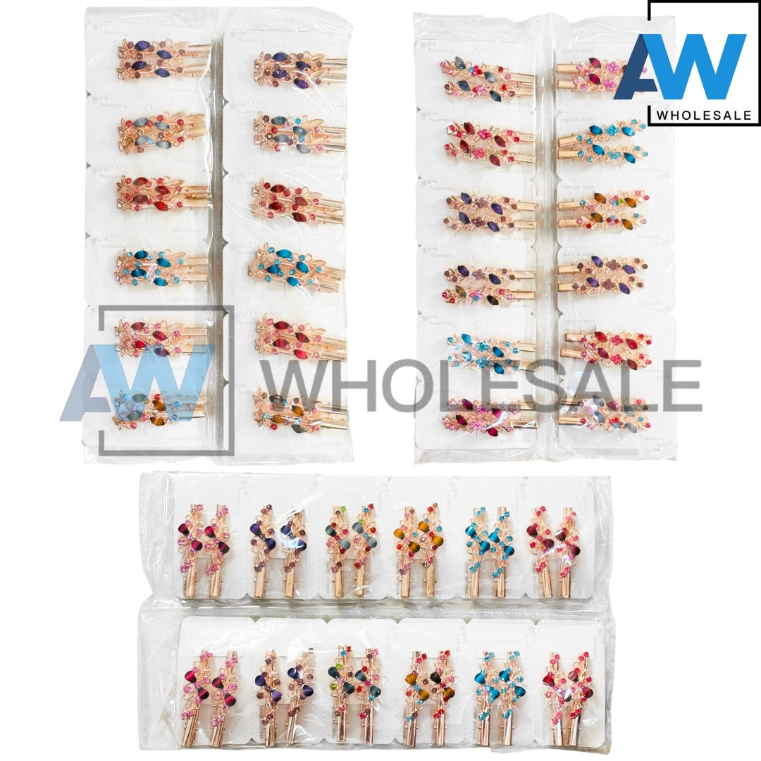 HPN-2463 (12 cards) Gemstone Metal Hair Clips