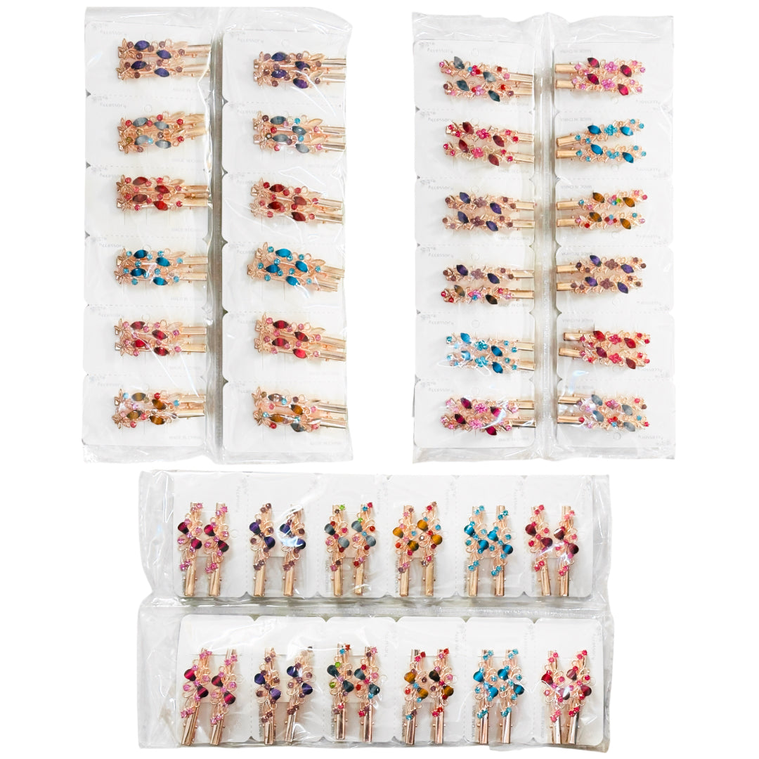 HPN-2463 (12 cards) Gemstone Metal Hair Clips