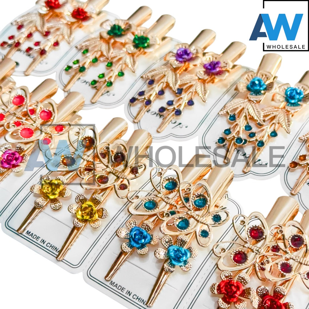 HPN-2465 (12 cards) Gemstone Metal Hair Clips