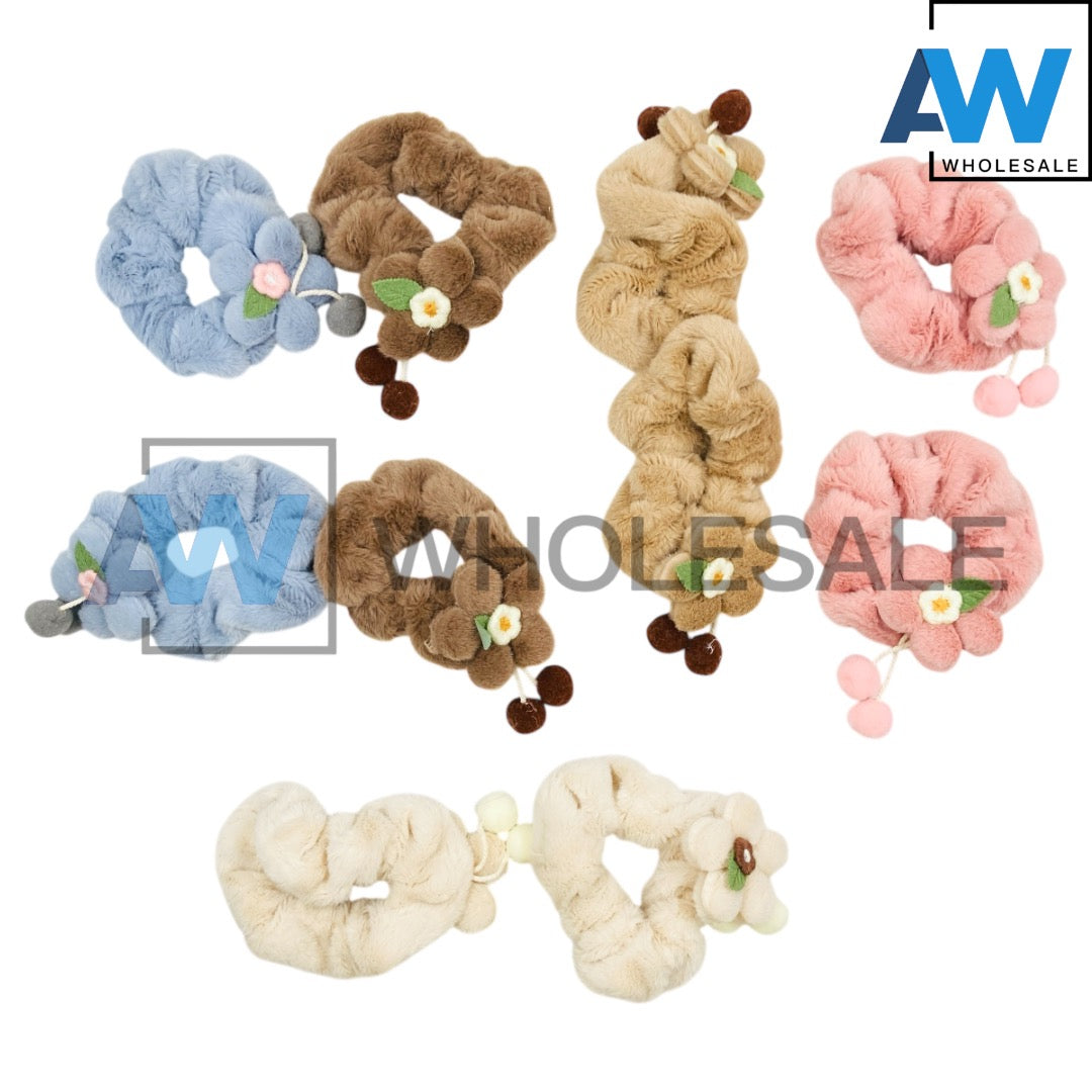 HPN-2467 (10 pcs) Ribbon Pom Pom Scrunchies Hair Ties