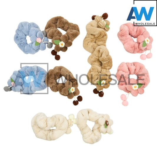 HPN-2467 (10 pcs) Ribbon Pom Pom Scrunchies Hair Ties