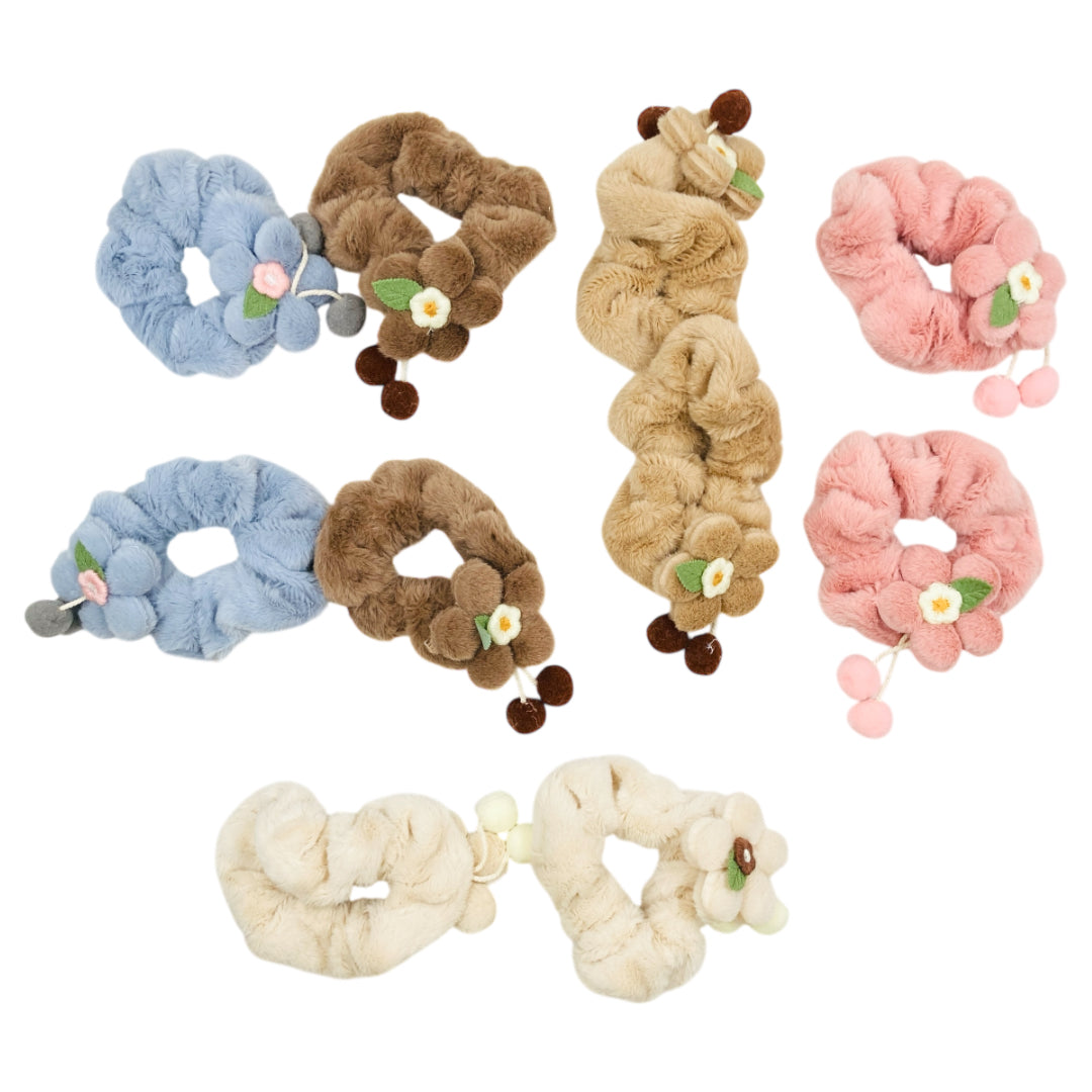 HPN-2467 (10 pcs) Ribbon Pom Pom Scrunchies Hair Ties