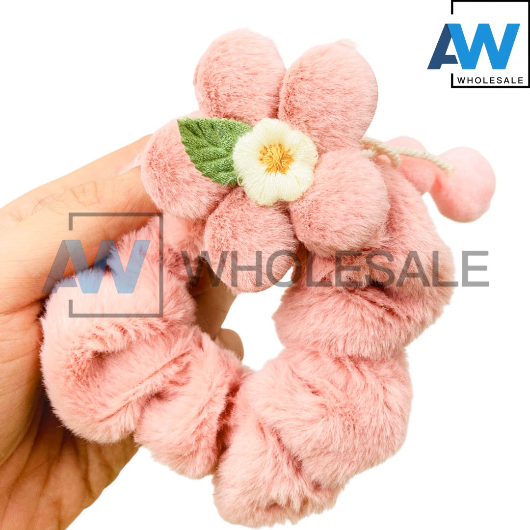 HPN-2467 (10 pcs) Ribbon Pom Pom Scrunchies Hair Ties
