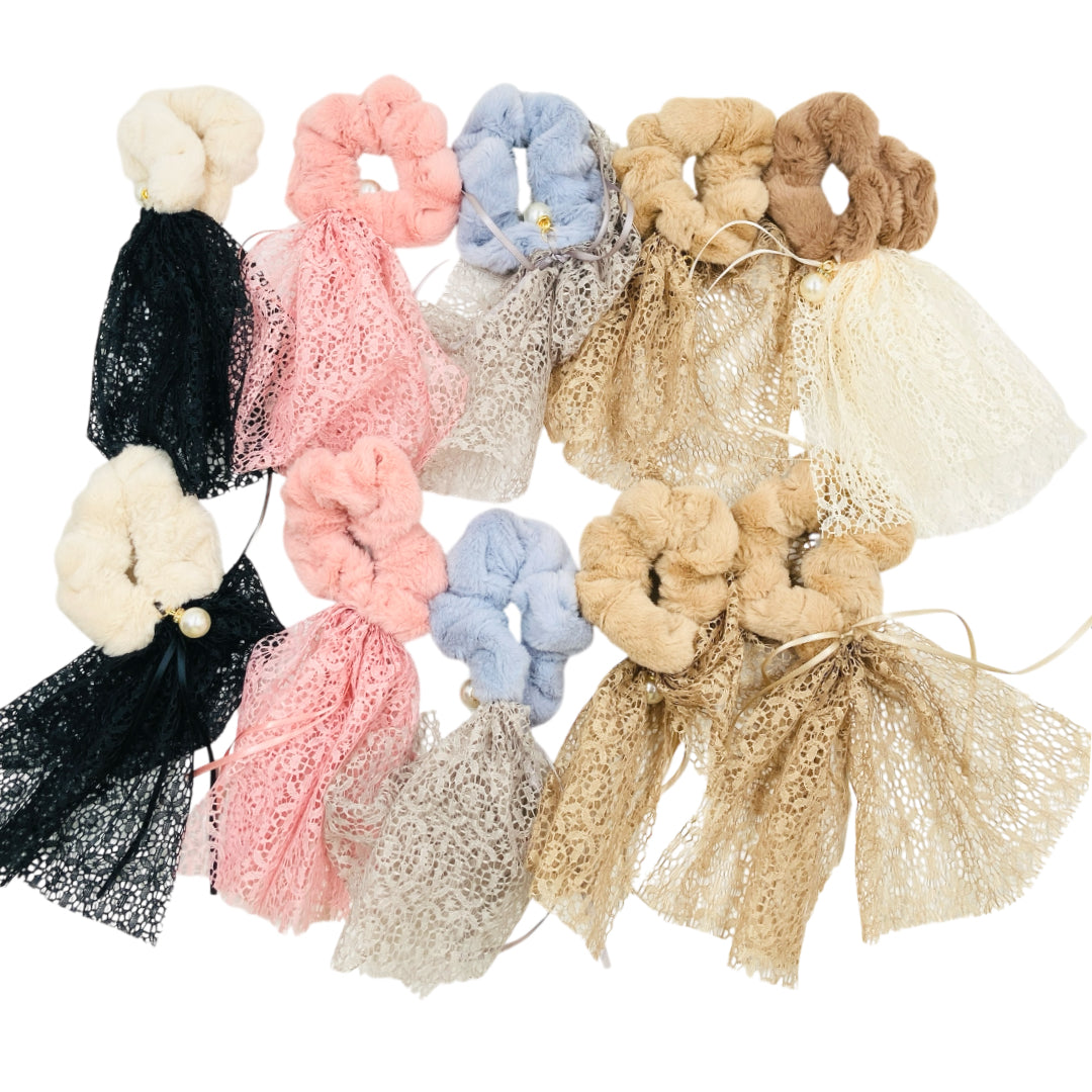 HPN-2469 (10 pcs) Faux Fur Lace Scrunchies Hair TIes