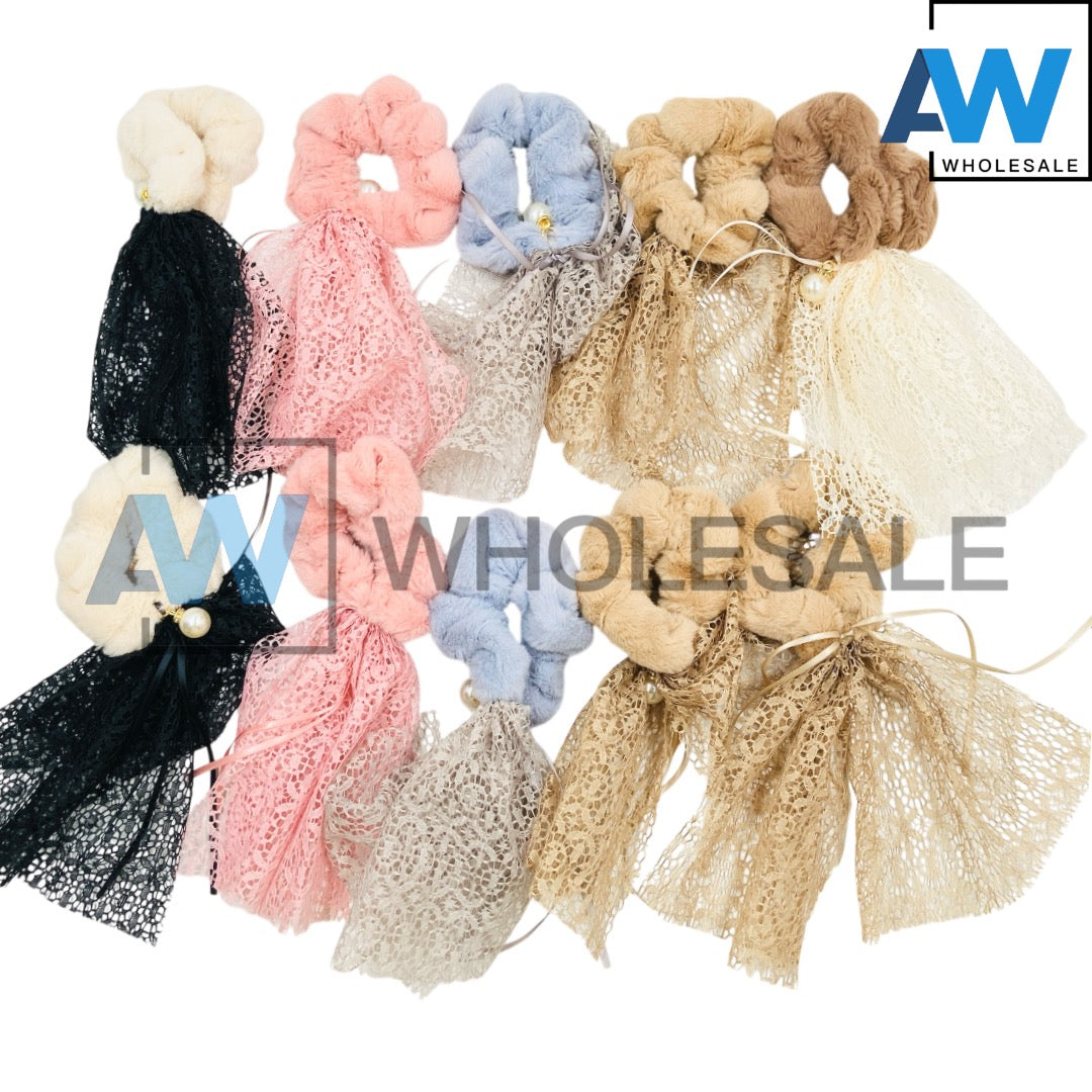 HPN-2469 (10 pcs) Faux Fur Lace Scrunchies Hair TIes