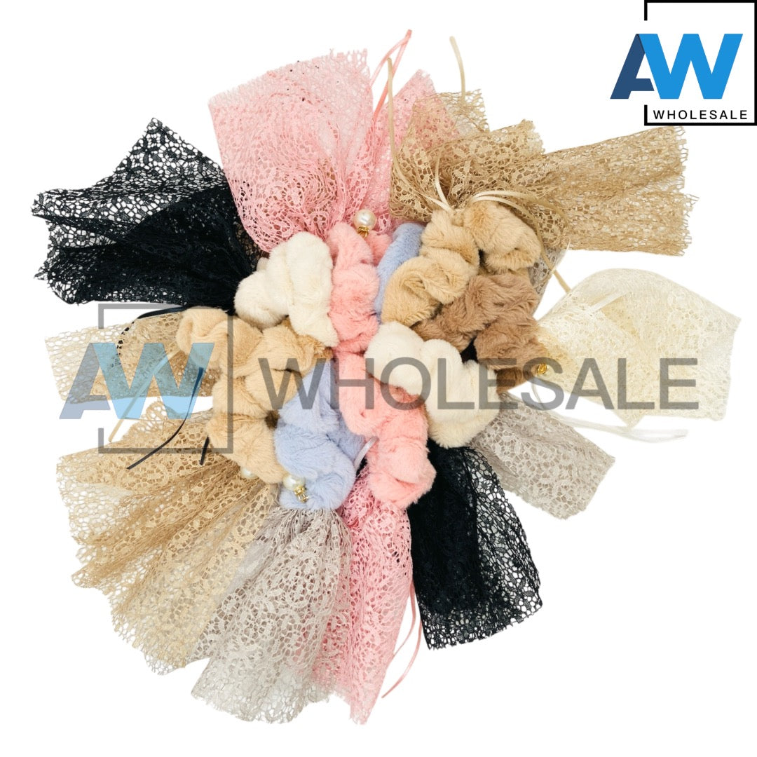 HPN-2469 (10 pcs) Faux Fur Lace Scrunchies Hair TIes