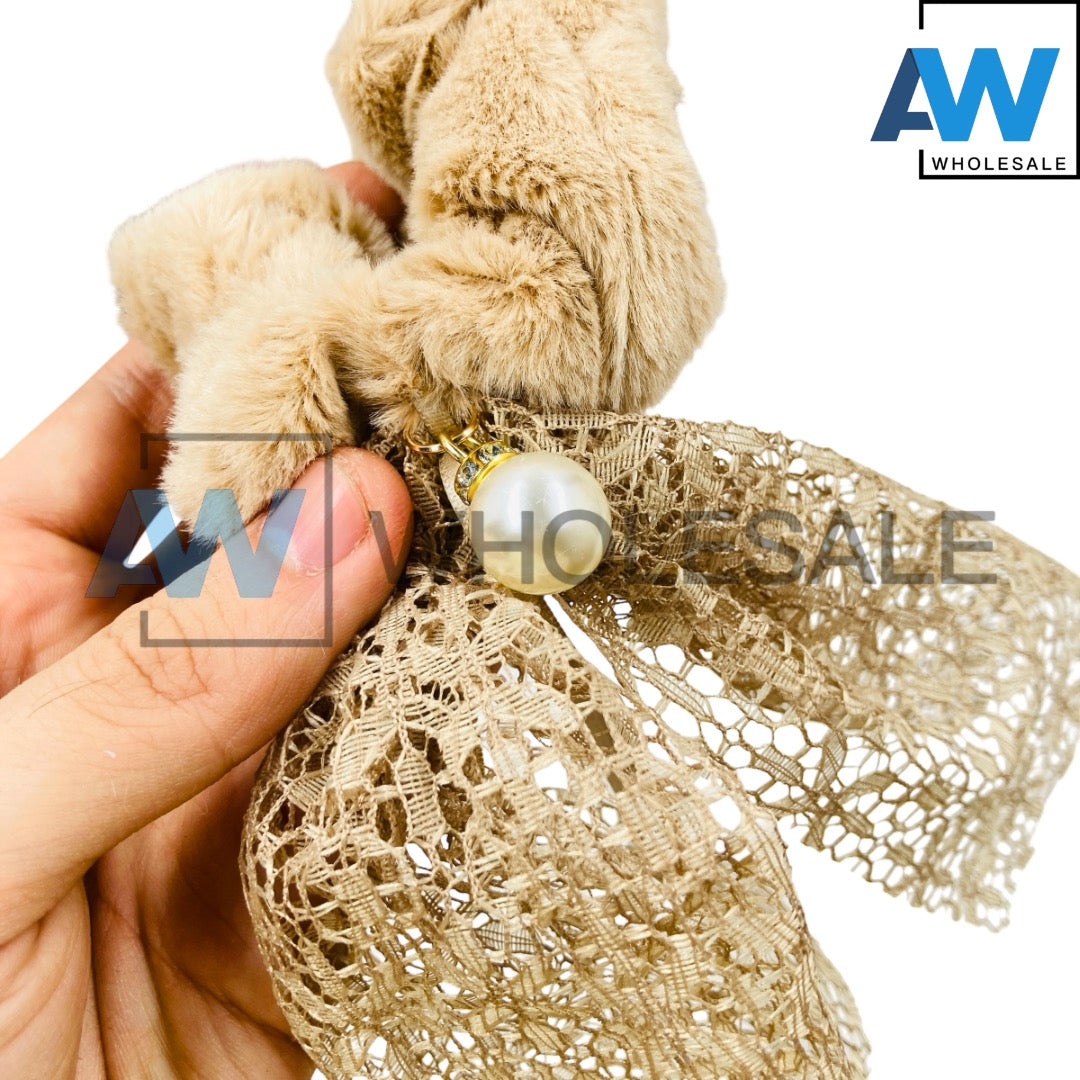 HPN-2469 (10 pcs) Faux Fur Lace Scrunchies Hair TIes