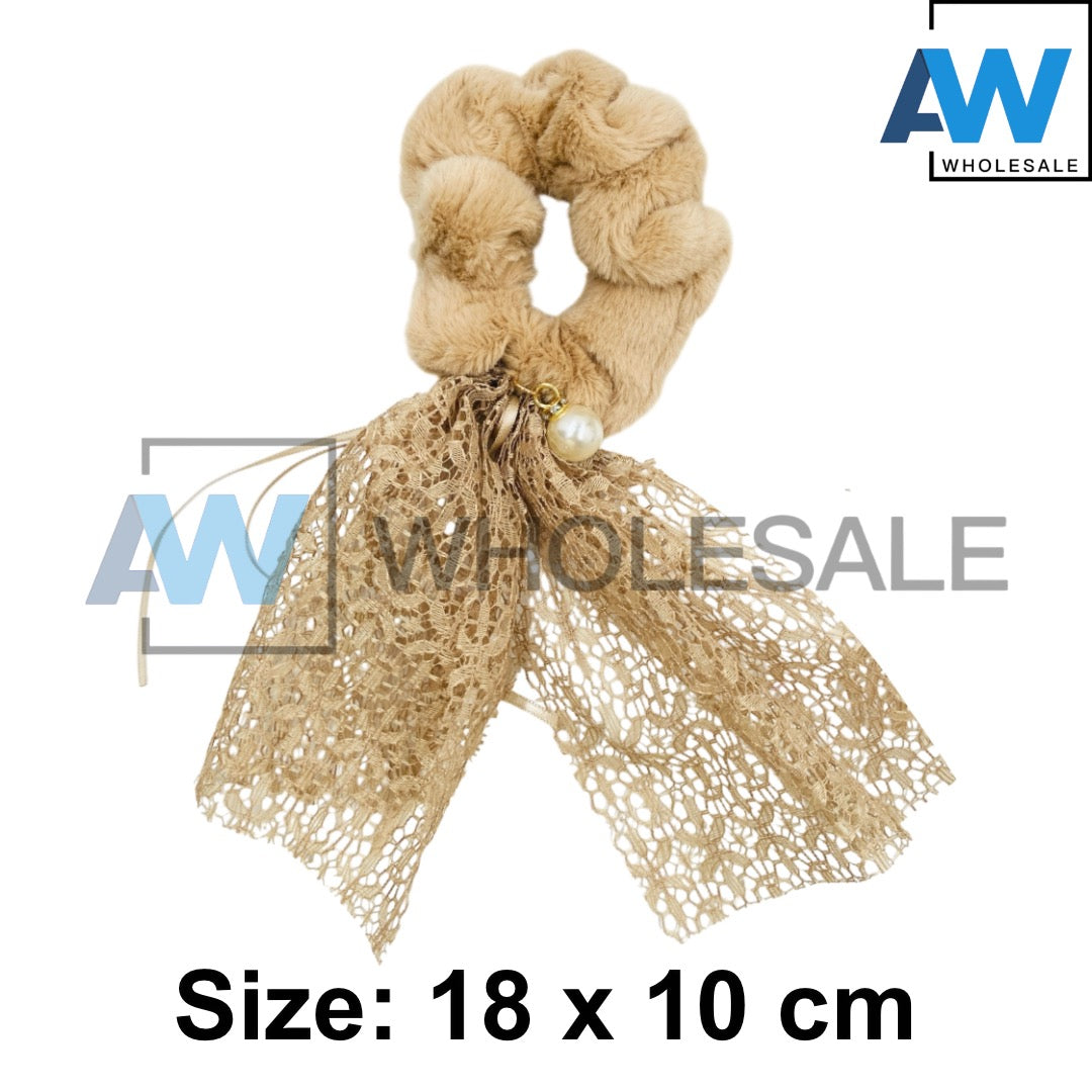 HPN-2469 (10 pcs) Faux Fur Lace Scrunchies Hair TIes