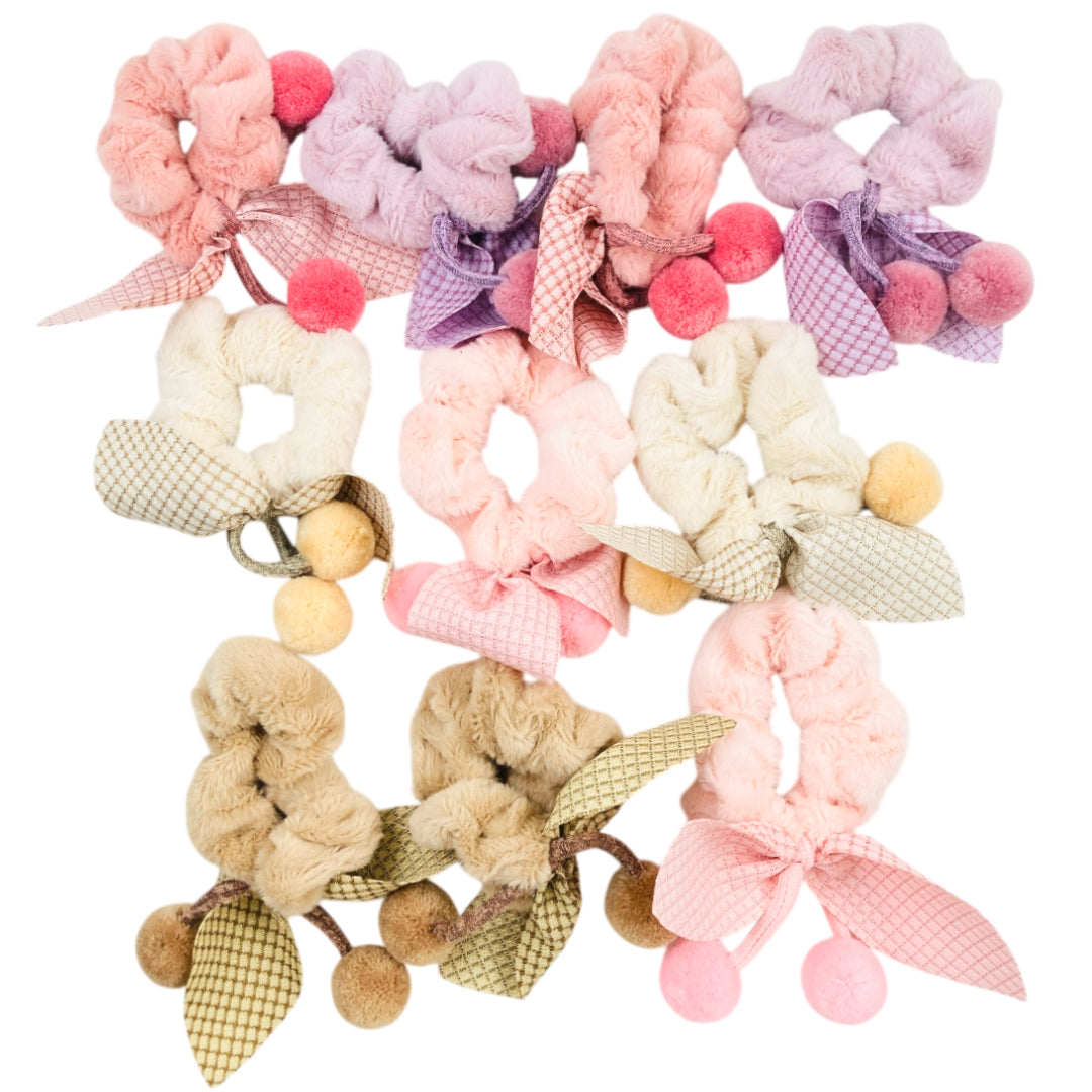 HPN-2470 (10 pcs) Pom Pom Ribbon Scrunchies