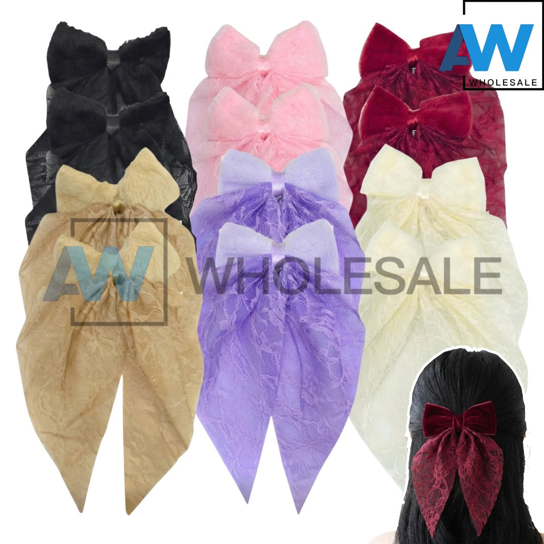 HPN-2498 (12 pcs) Lace Fabric Big Ribbon Hair Clip