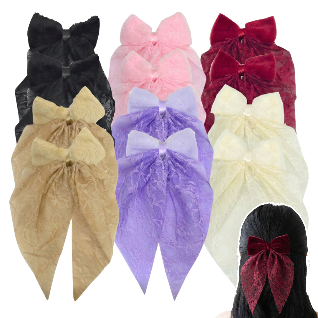 HPN-2498 (12 pcs) Lace Fabric Big Ribbon Hair Clip