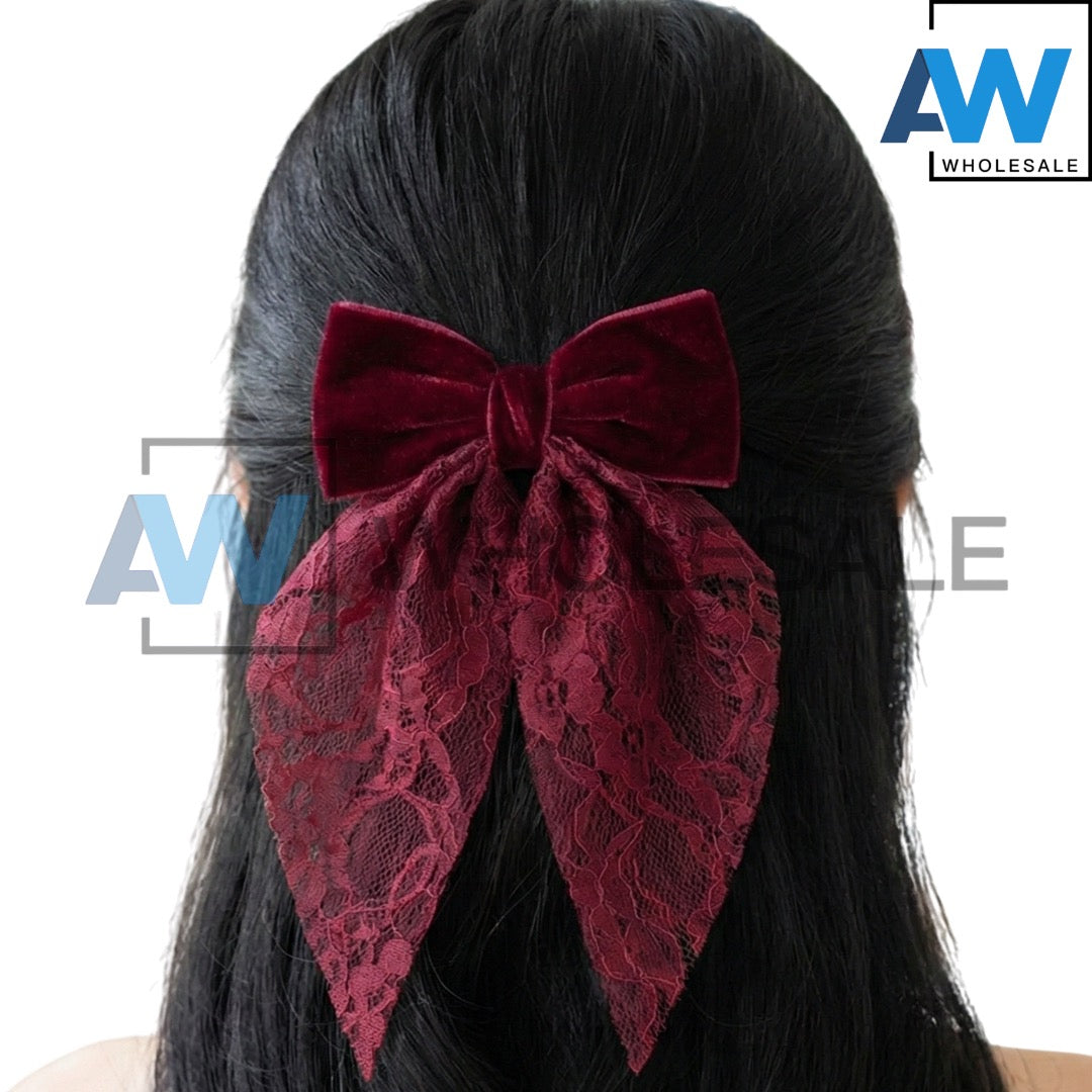 HPN-2498 (12 pcs) Lace Fabric Big Ribbon Hair Clip