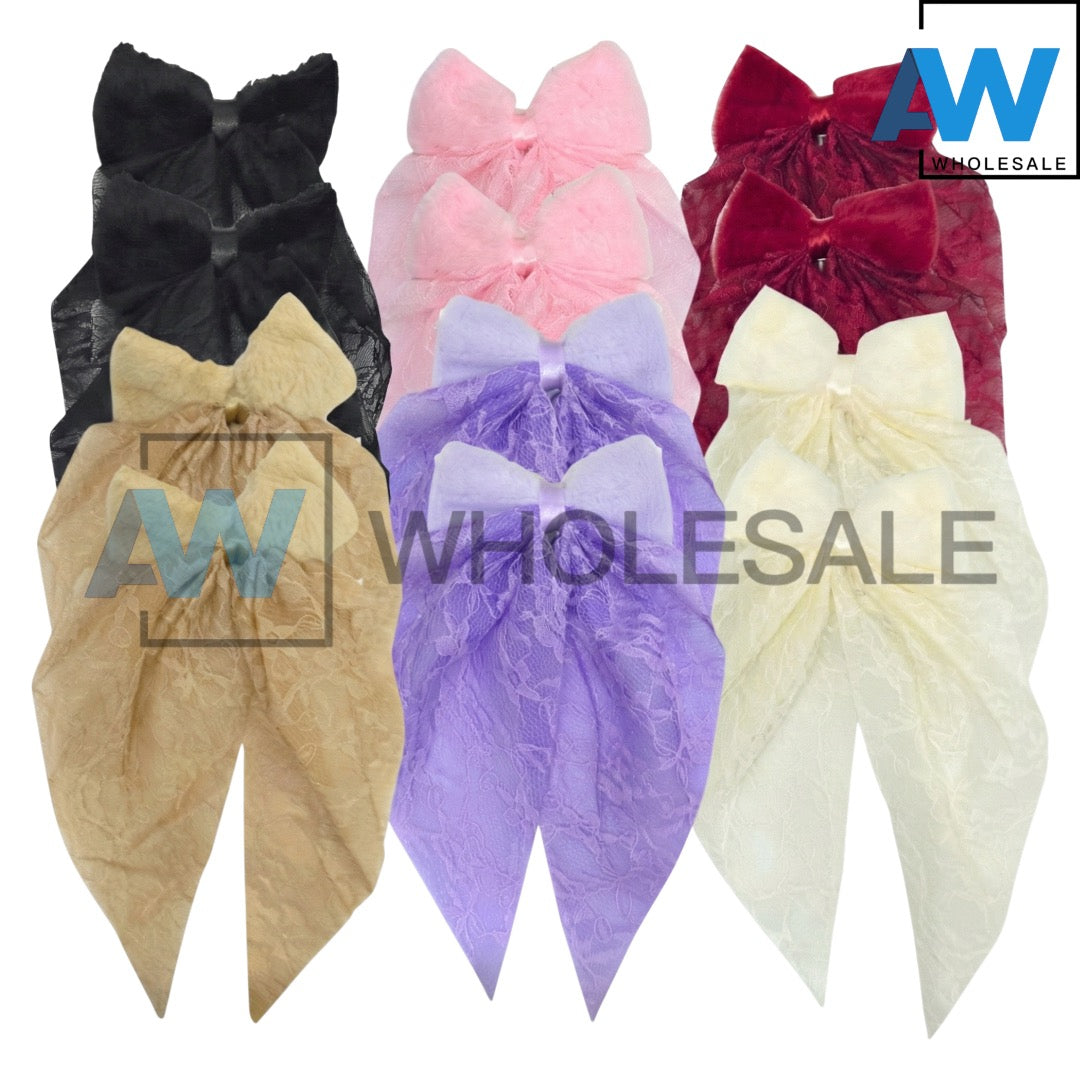 HPN-2498 (12 pcs) Lace Fabric Big Ribbon Hair Clip