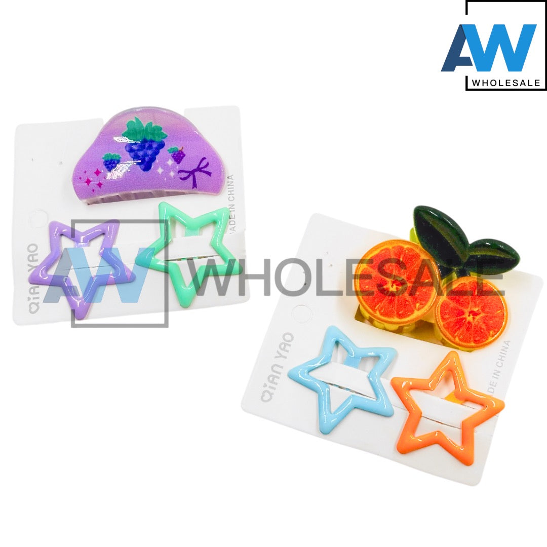 HPN-2563 (8 sets) 2 Star + 1 Fruit Hair Clip Set