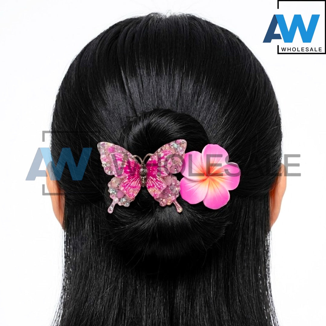 HPN-2577 (12 pcs) Butterfly & Flower 2 in 1 Hair Clip Set
