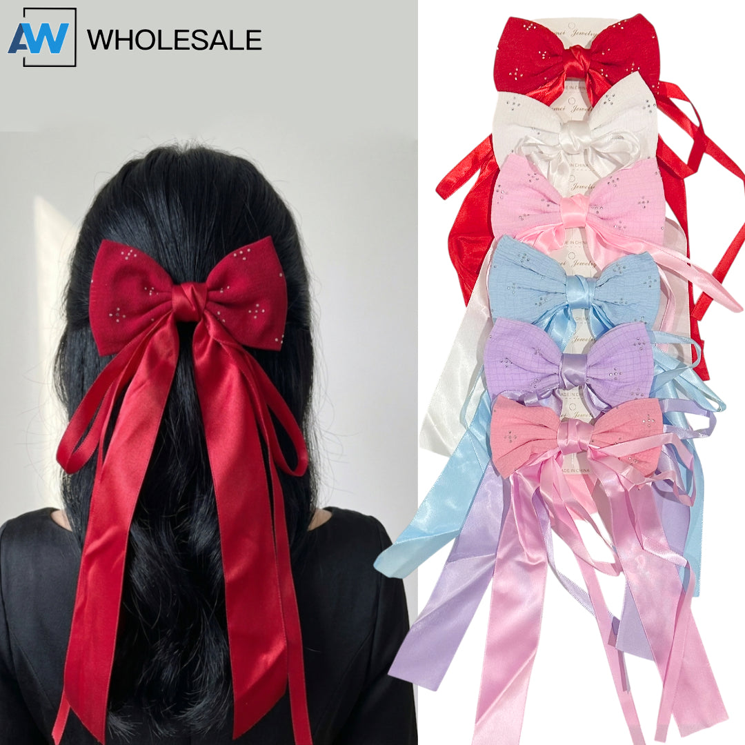 HPN-2585 (12 pcs) Long Ribbon Bow Hair Clips