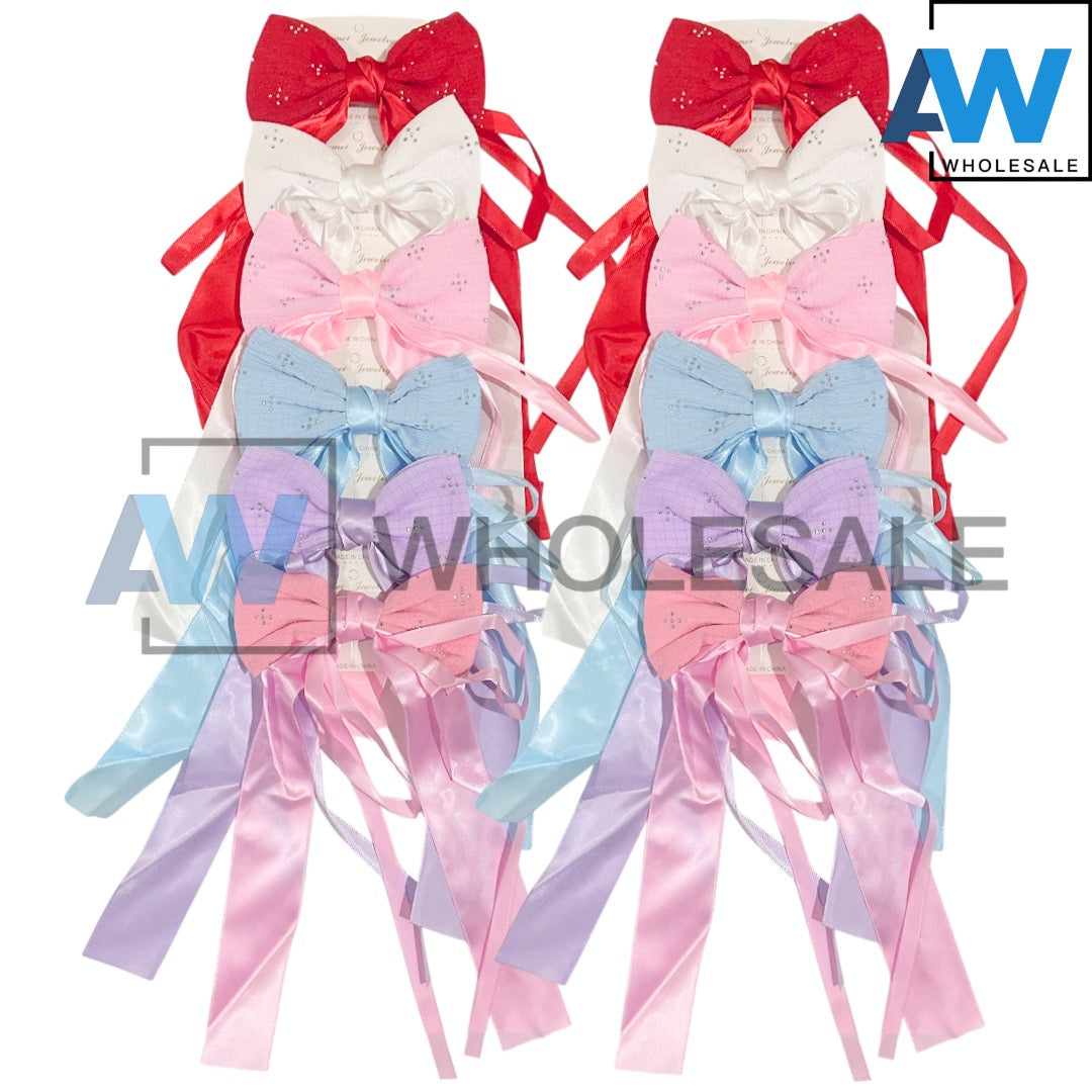 HPN-2585 (12 pcs) Long Ribbon Bow Hair Clips
